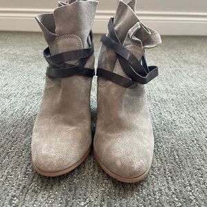 Women size 8, gently used, light brown suede, heeled booties